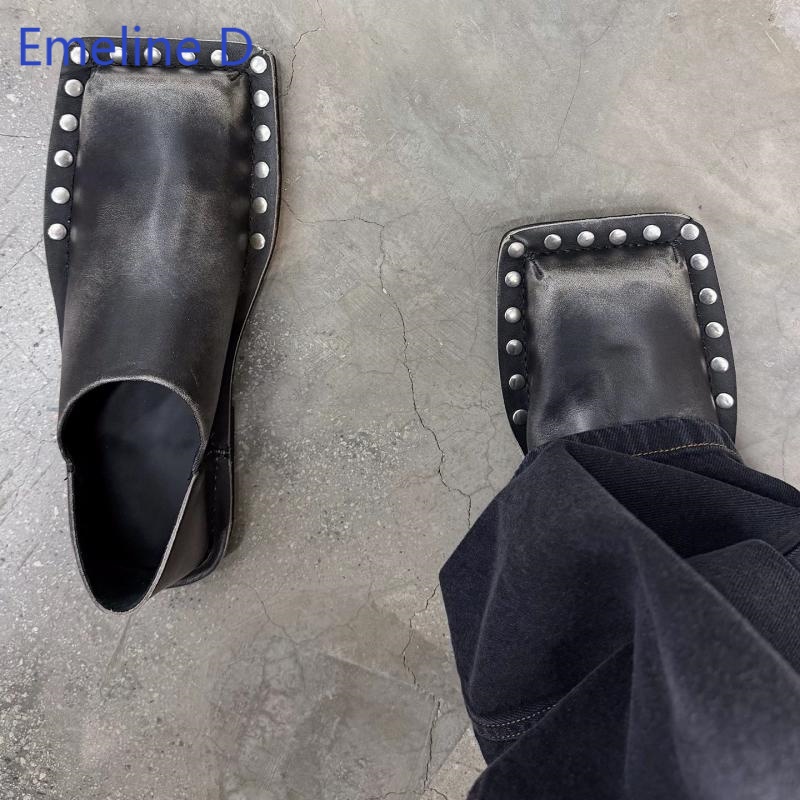 Leatherwork Rivets - Unisex Square Toe Mule Slides Faded