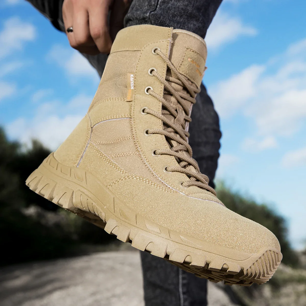 Men's Outdoor Hiking Shoes Hig - Leather Work Fabric ulasan dan harga