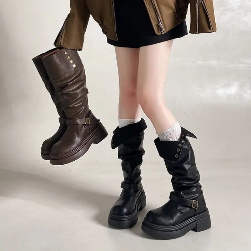 2026 Punk Knee-High Boots Wome - Leatherwork Rivets ulasan dan harga