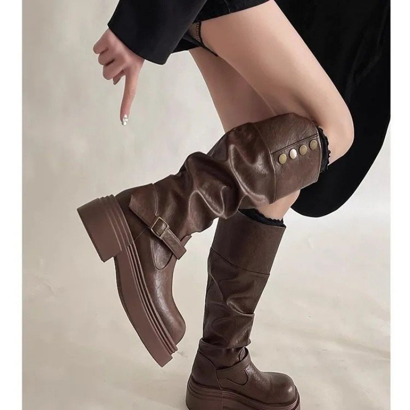 2026 Punk Knee-High Boots Wome - Leatherwork Rivets ulasan dan harga